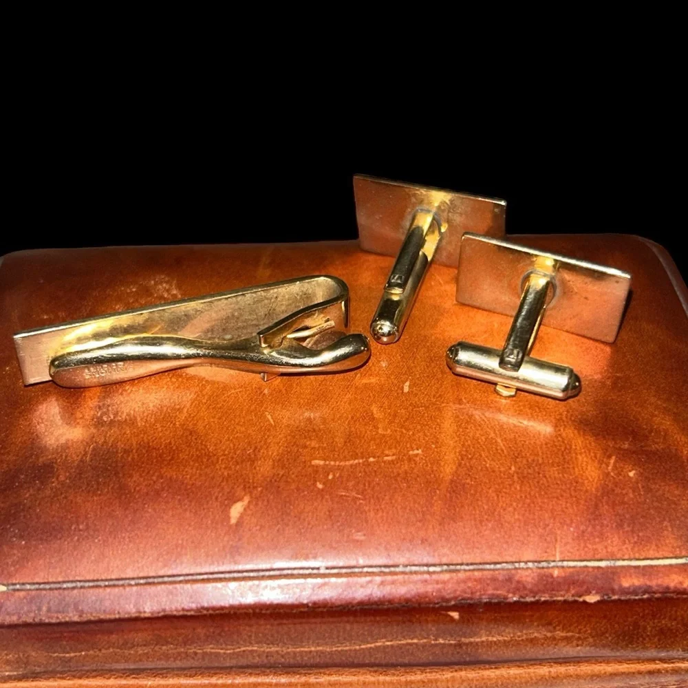 Vintage Monogramed Gold Tone Cuff Links and Tie Clip